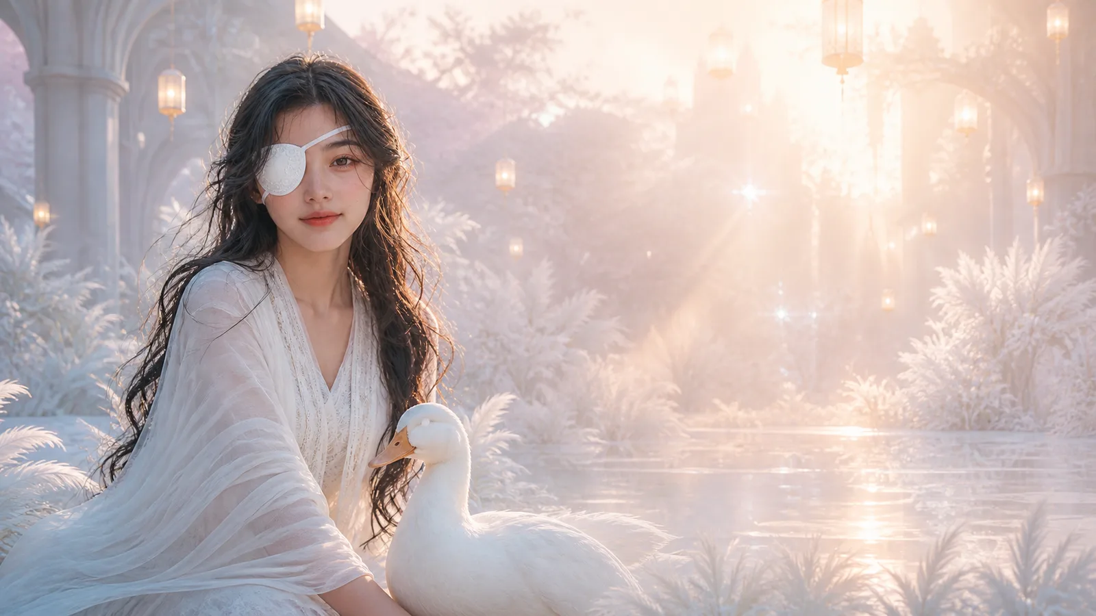 AI-generated illustration of Song, a dark-haired woman with a white lace eyepatch, seated with a white duck beside misty water at dawn, lanterns glowing