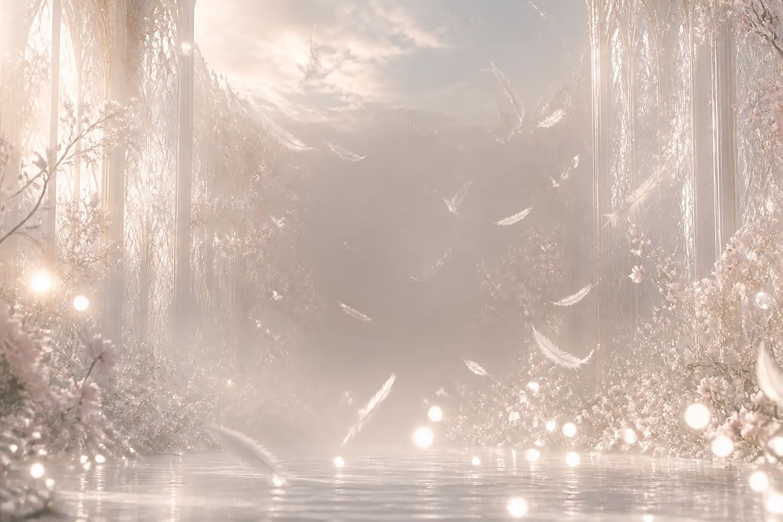 AI-generated illustration of pale blossoms, feathers, and soft pearl light — Song's visual world