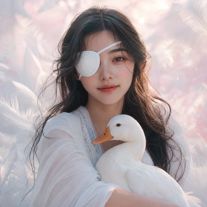 Song, an illustrated character with a white lace eyepatch holding a white duck